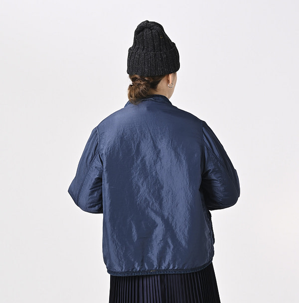 Indigo Distressed 45 Petite Denim x Atsu Nylon Stand Collar Blouson Detail