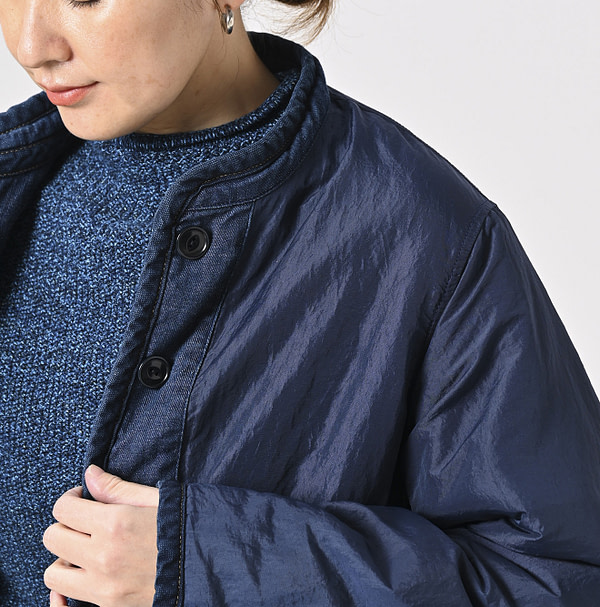 Indigo Distressed 45 Petite Denim x Atsu Nylon Stand Collar Blouson Detail