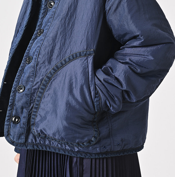 Indigo Distressed 45 Petite Denim x Atsu Nylon Stand Collar Blouson Detail