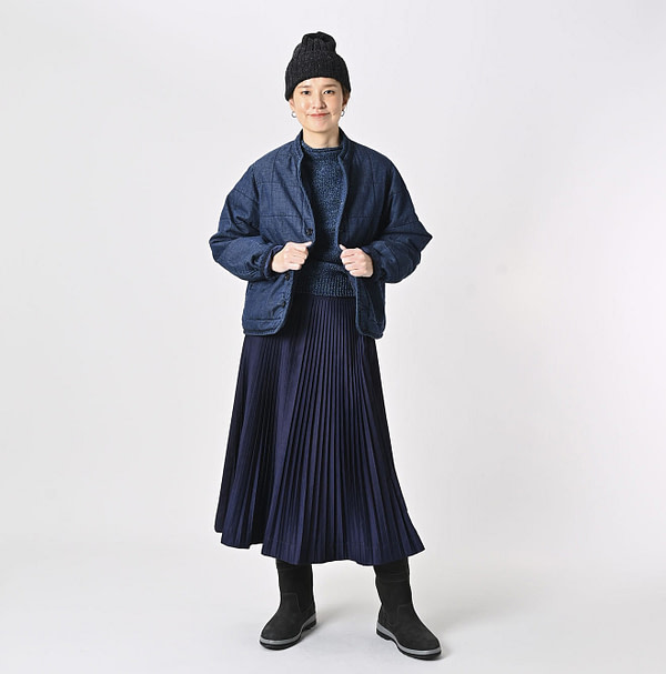 Indigo Distressed 45 Petite Denim x Atsu Nylon Stand Collar Blouson Female Model