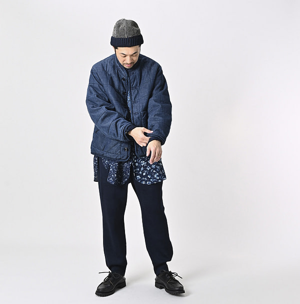 Indigo Distressed 45 Petite Denim x Atsu Nylon Stand Collar Blouson Male Model