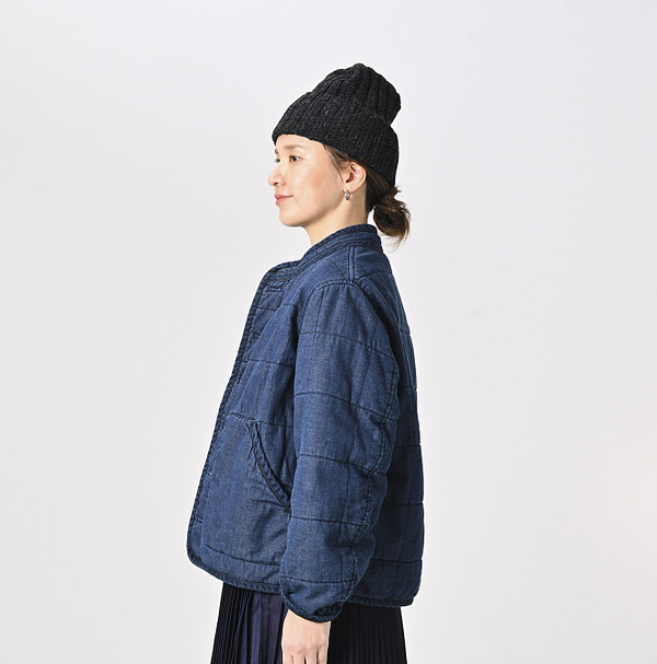 Indigo Distressed 45 Petite Denim x Atsu Nylon Stand Collar Blouson Female Model