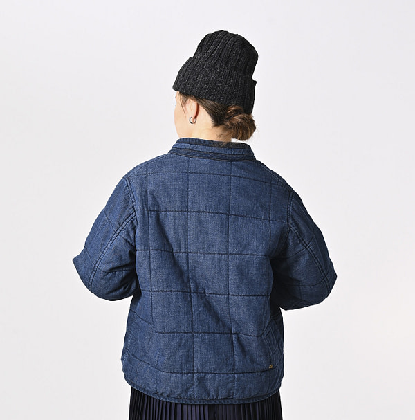 Indigo Distressed 45 Petite Denim x Atsu Nylon Stand Collar Blouson Female Model