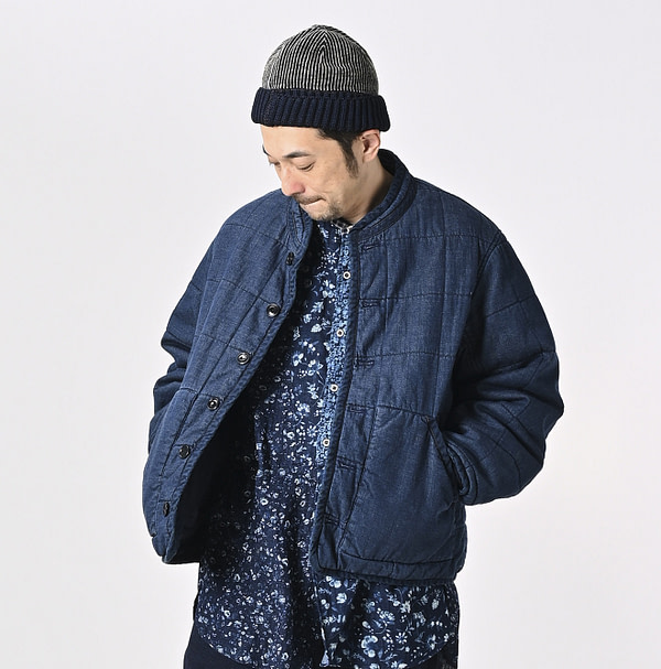 Indigo Distressed 45 Petite Denim x Atsu Nylon Stand Collar Blouson Detail