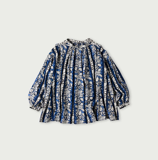Indian Striped Flower Block Print Smock Blouse Navy