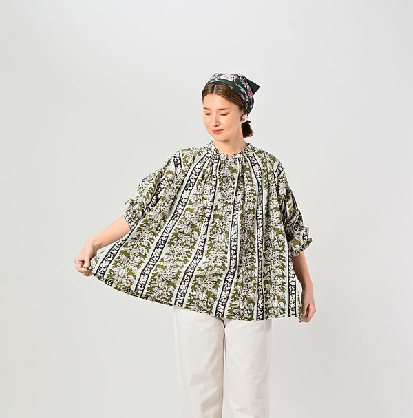 Indian Striped Flower Block Print Smock Blouse Female Model