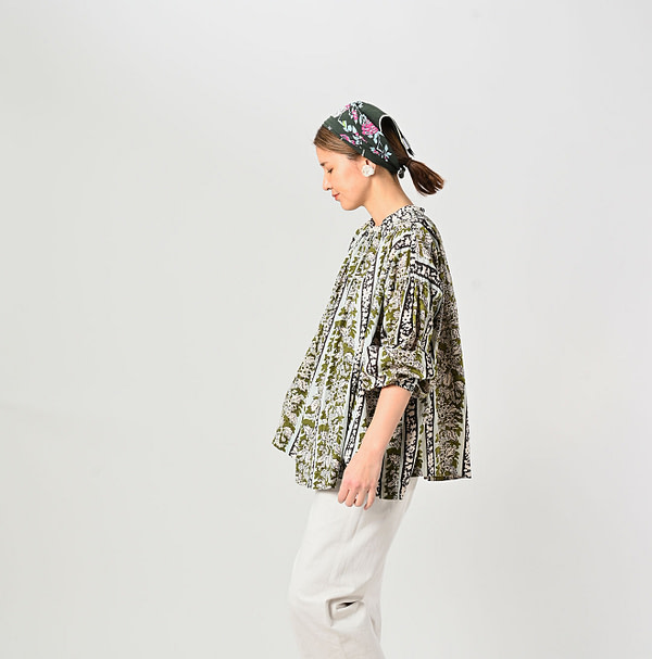 Indian Striped Flower Block Print Smock Blouse Female Model