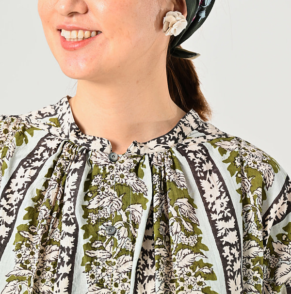 Indian Striped Flower Block Print Smock Blouse Detail