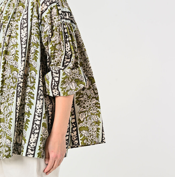Indian Striped Flower Block Print Smock Blouse Detail