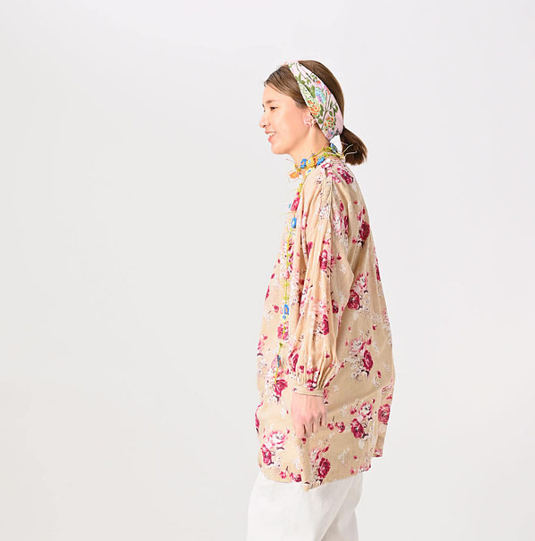 Gauze Rose Print Gather Tunic Blouse Female Model