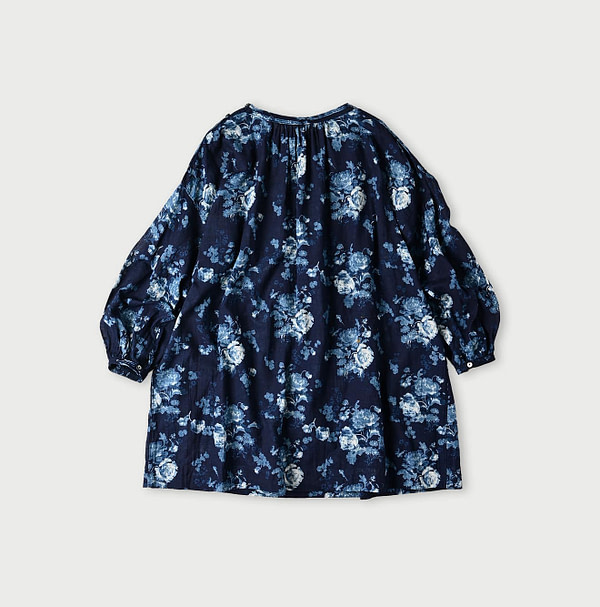 Indigo Gauze Rose Print Gather Tunic Blouse Back