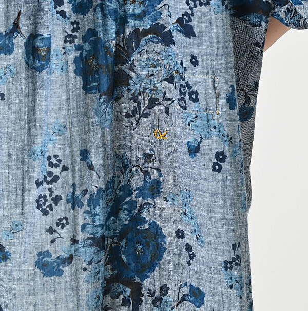 Indigo Gauze Rose Print Gather Tunic Blouse Detail