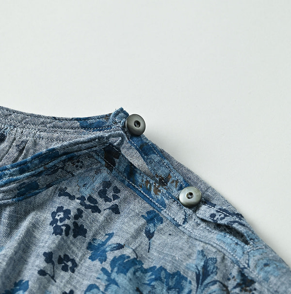 Indigo Gauze Rose Print Gather Tunic Blouse Detail