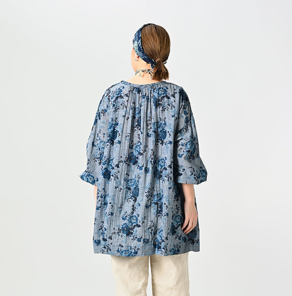 Indigo Gauze Rose Print Gather Tunic Blouse Female Model