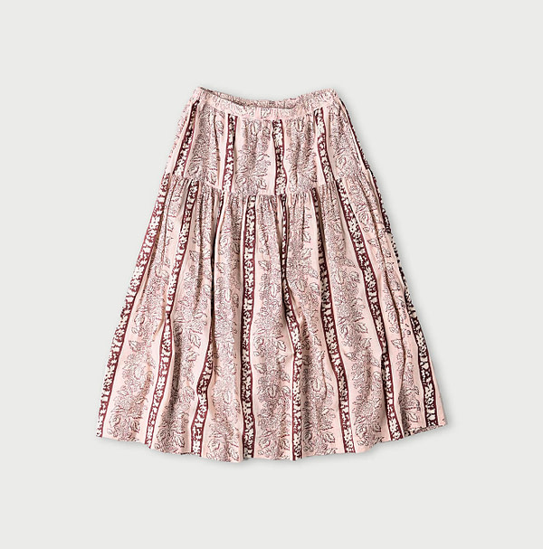 Indian Striped Flower Block Print Tiered Skirt Pink