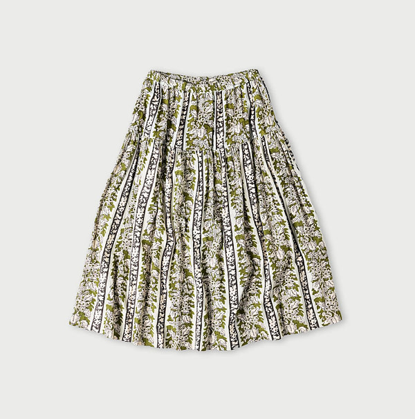 Indian Striped Flower Block Print Tiered Skirt Green