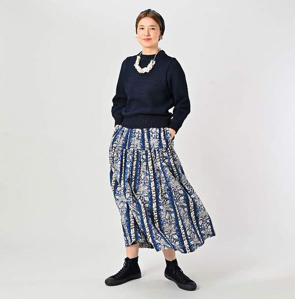 Indian Striped Flower Block Print Tiered Skirt Female Model
