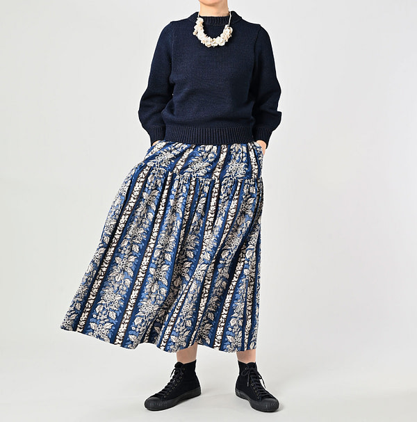 Indian Striped Flower Block Print Tiered Skirt Female Model