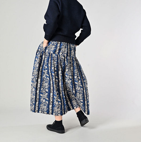 Indian Striped Flower Block Print Tiered Skirt Female Model