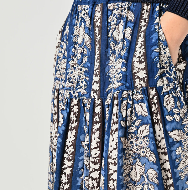 Indian Striped Flower Block Print Tiered Skirt Detail