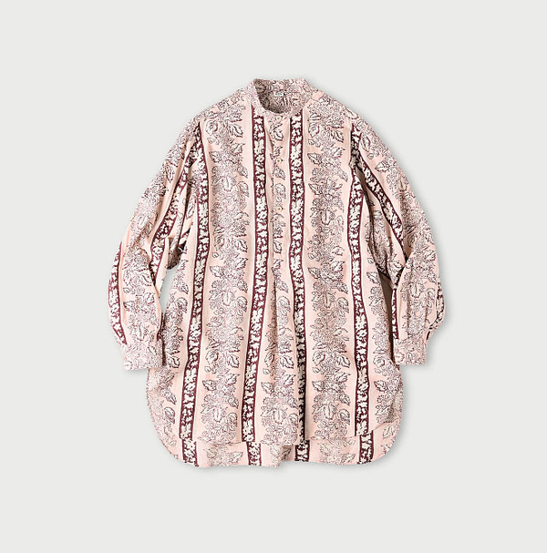 Indian Striped Flower Block Print 908 Stand Collar Grandpa Shirt Pink