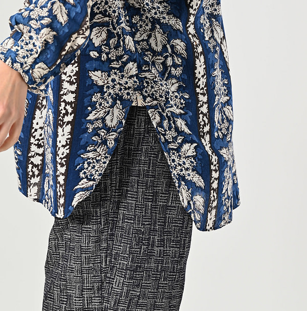 Indian Striped Flower Block Print 908 Stand Collar Grandpa Shirt Detail