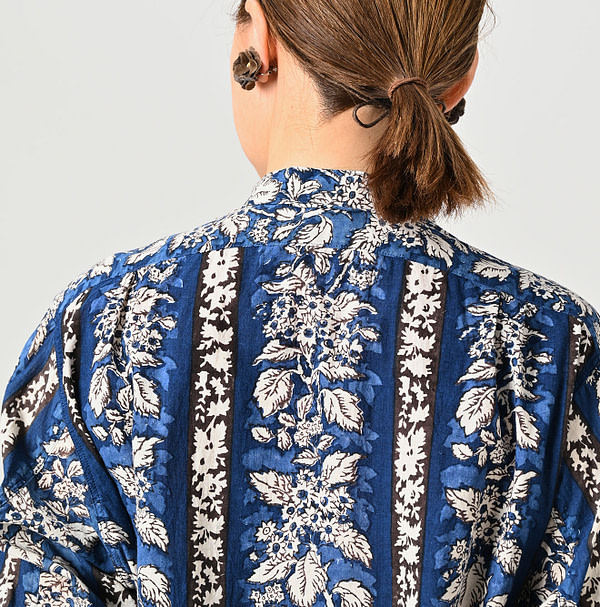 Indian Striped Flower Block Print 908 Stand Collar Grandpa Shirt Detail