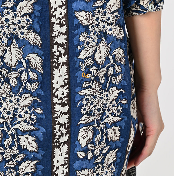 Indian Striped Flower Block Print 908 Stand Collar Grandpa Shirt Detail