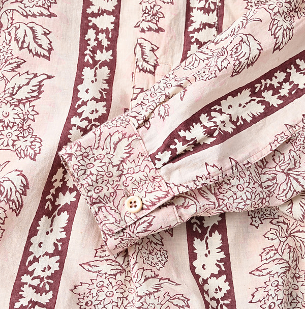 Indian Striped Flower Block Print 908 Stand Collar Grandpa Shirt Detail