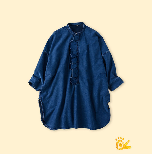 ONE ONE Futatabi Iroiro Denim Frill Tunic Zyu Okome Satin Summer Blue