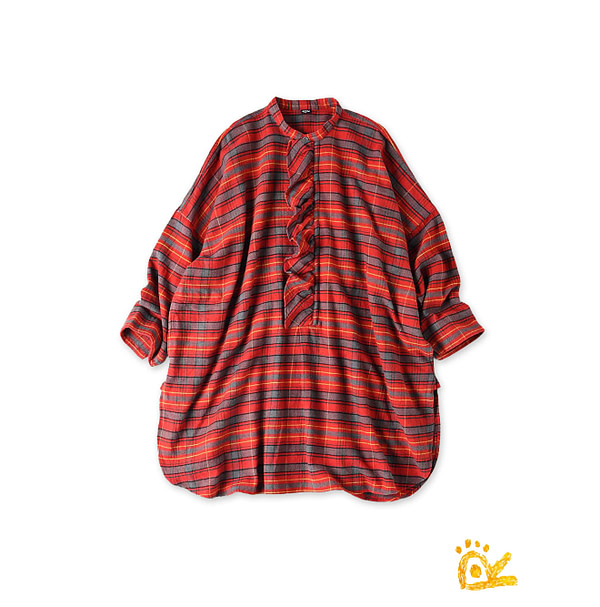 ONEONE Iroiro Indian Flannel Frill Tunic Red x Gray Check