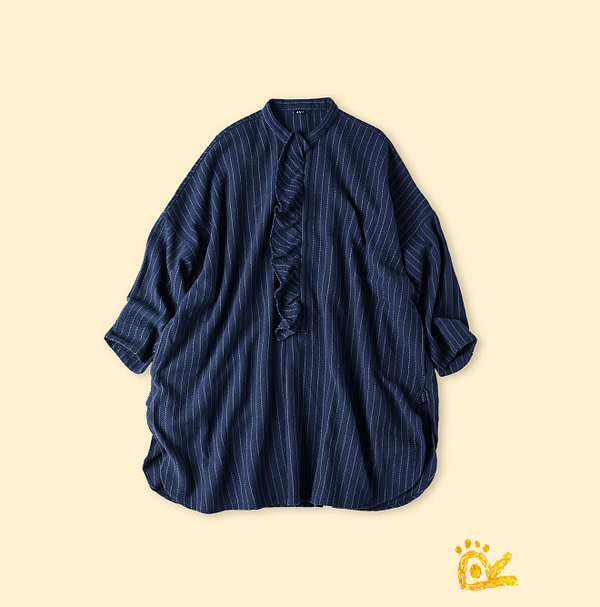 ONEONE Iroiro Indian Flannel Frill Tunic Navy Stripes