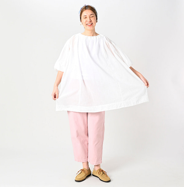 Gauze Shirring Tunic Blouse Female Model