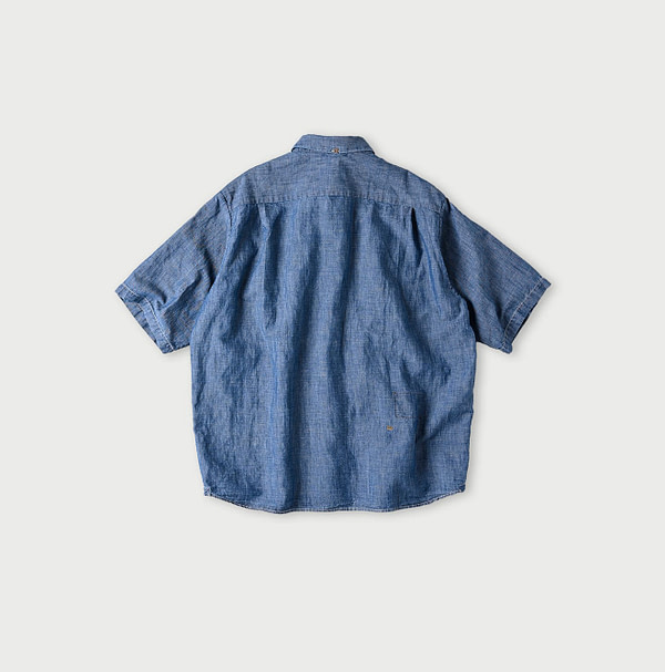 Cotton Linen Ruri Dungaree Ocean Short Sleeve Shirt Zyu Back