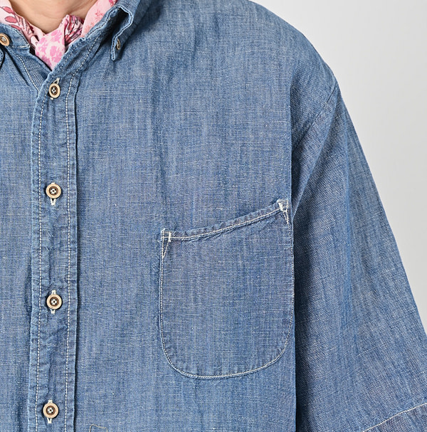 Cotton Linen Ruri Dungaree Ocean Short Sleeve Shirt Zyu Detail