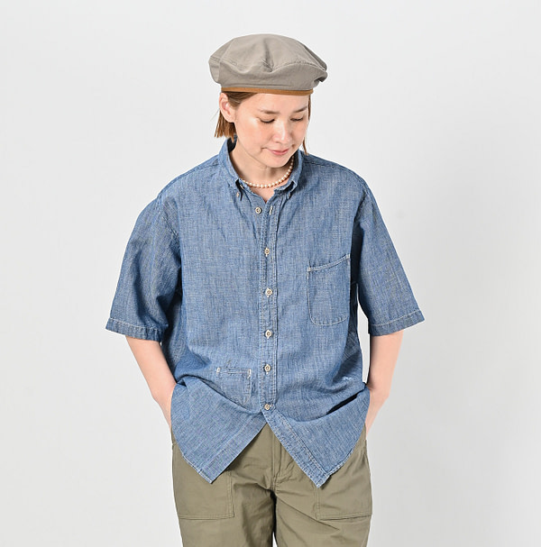 Cotton Linen Ruri Dungaree Ocean Short Sleeve Shirt Zyu Female Model