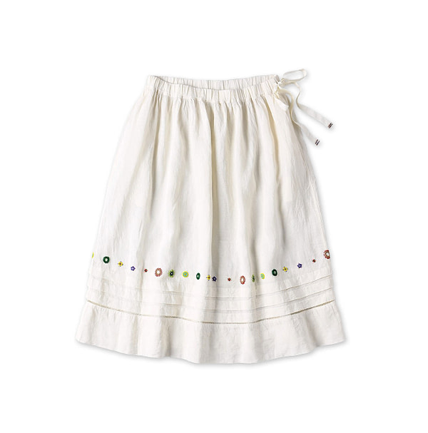 Indian Linen Beads Embroidery Easy Skirt White