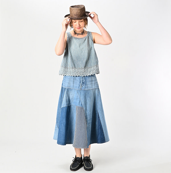 Rye Mugi Denim Charlotte Patchwork Skirt Tan Female Model