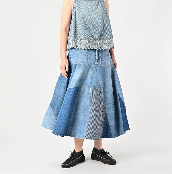 Rye Mugi Denim Charlotte Patchwork Skirt Tan Female Model
