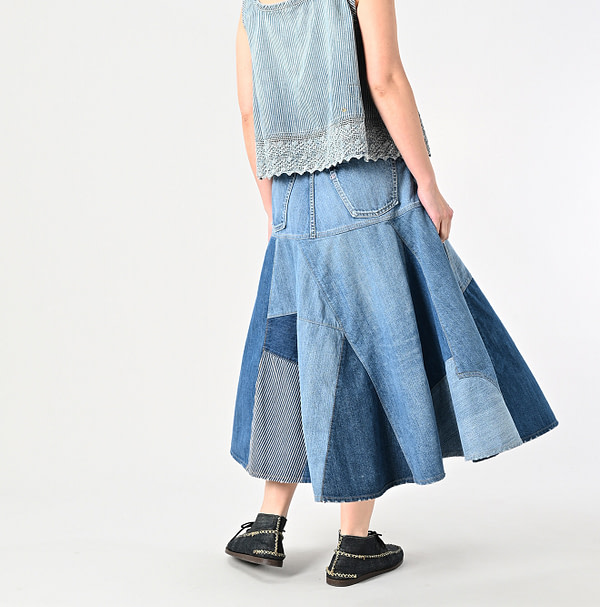 Rye Mugi Denim Charlotte Patchwork Skirt Tan Female Model