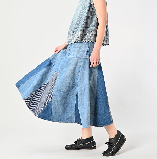 Rye Mugi Denim Charlotte Patchwork Skirt Tan Female Model