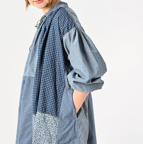 Indigo Patchwork Smock Dress Detail