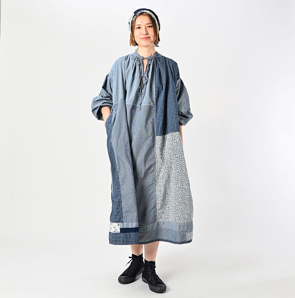 Indigo Patchwork Smock Dress Female Model