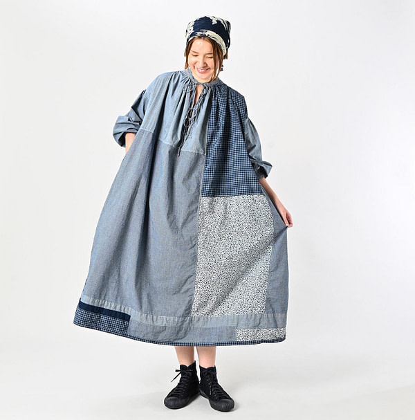 Indigo Patchwork Smock Dress Female Model