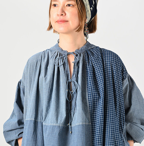 Indigo Patchwork Smock Dress Detail