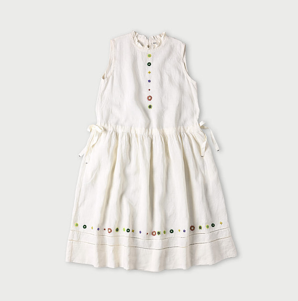 Indian Linen Beads Embroidery Dress White