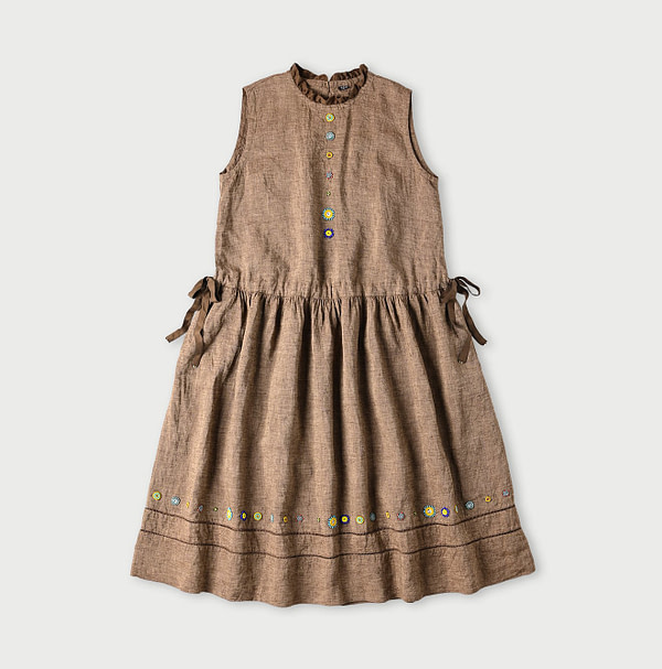 Indian Linen Beads Embroidery Dress Brown