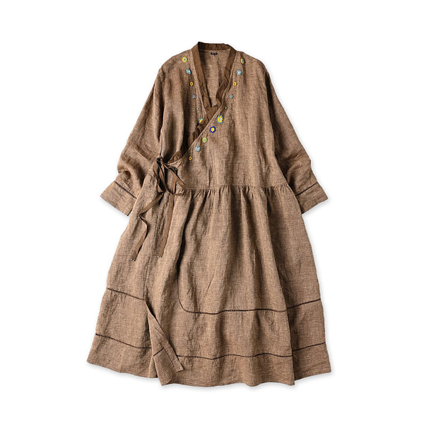 Indian Linen Beads Embroidery Cache-Coeur Dress Brown