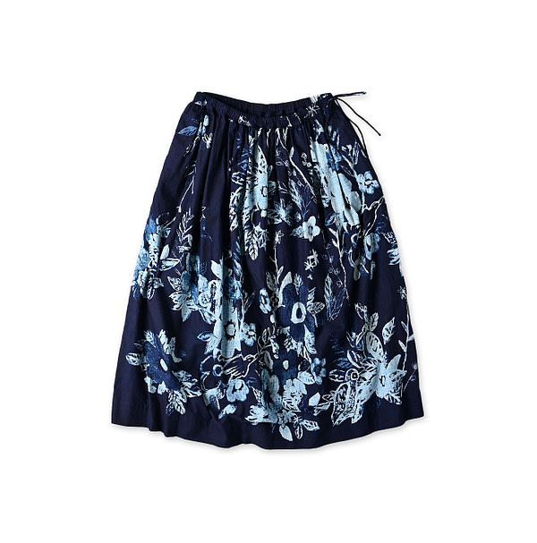 Anemone Bird Print Gather Skirt Indigo Discharge Print
