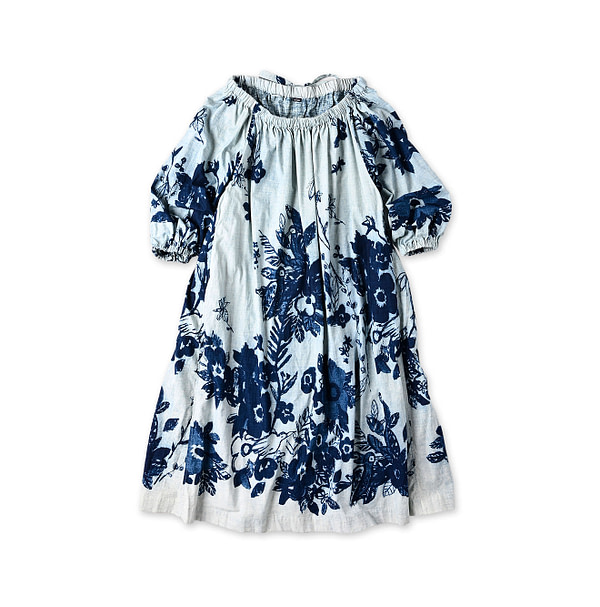 Anemone Bird Print Shirring Dress Base Discharge Print
